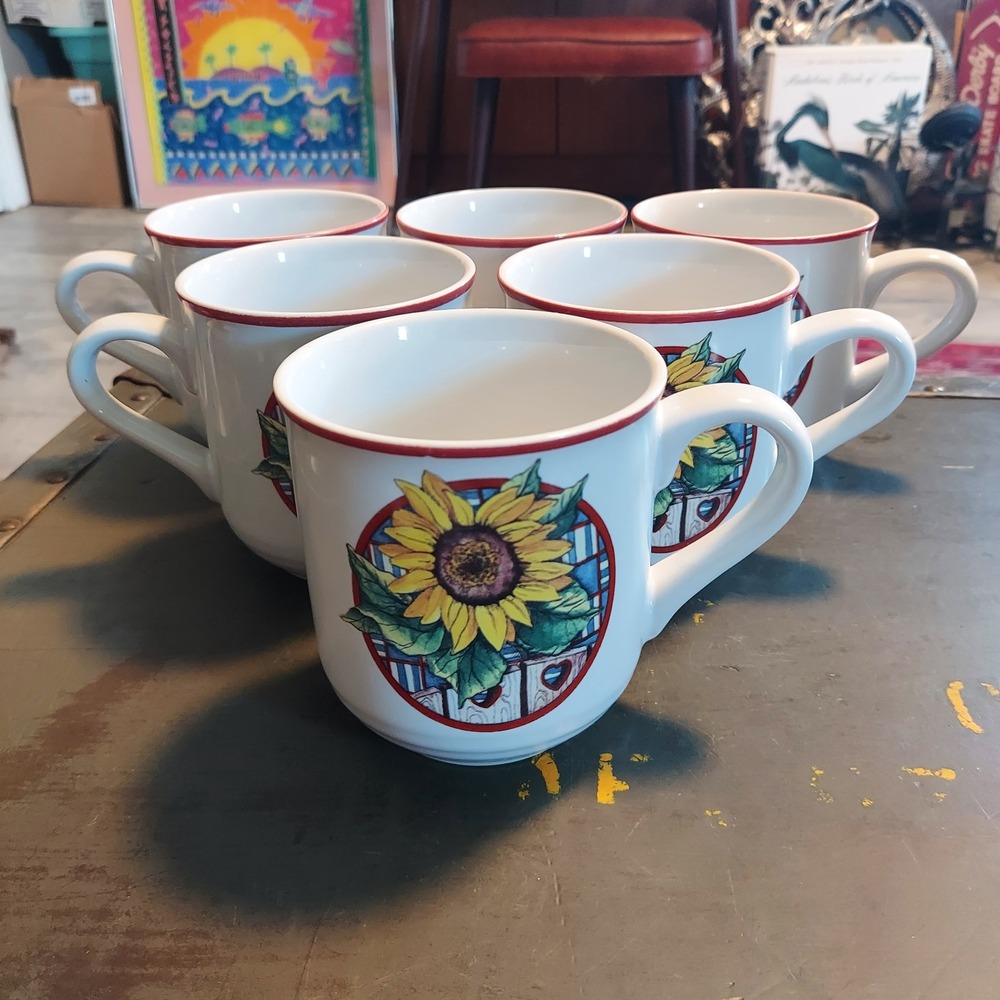 International Tableworks Sunflower Birdhouse Stoneware Mugs Set of 6 White Red